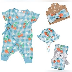 VGUC Bundle: Angel Dear Strawberry Gingham coverall/hat/headband/swaddle set 0-3